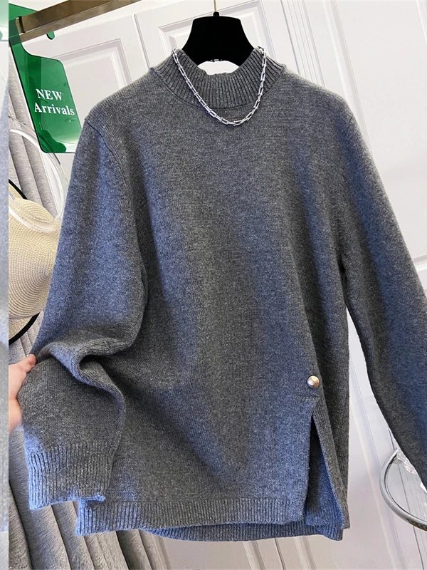 Maglione a collo alto autunno inverno vestibilità ampia taglie forti dimagrante versatile spacco irregolare maglieria da donna di marca grande