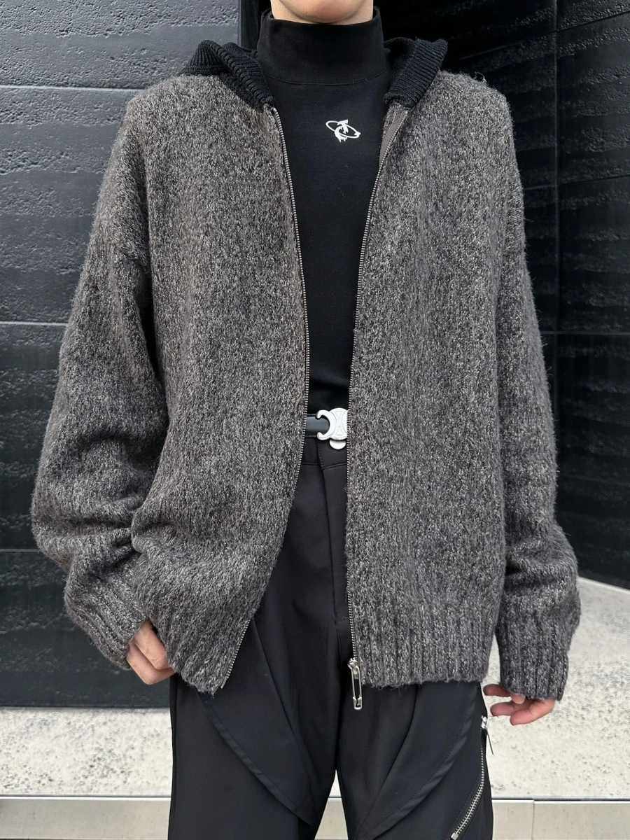 

ay Camere Hooded Open Cardigan Men's Knitted Outerwear Autumn Winter American Casual Sle Faion Brand Cleanfit