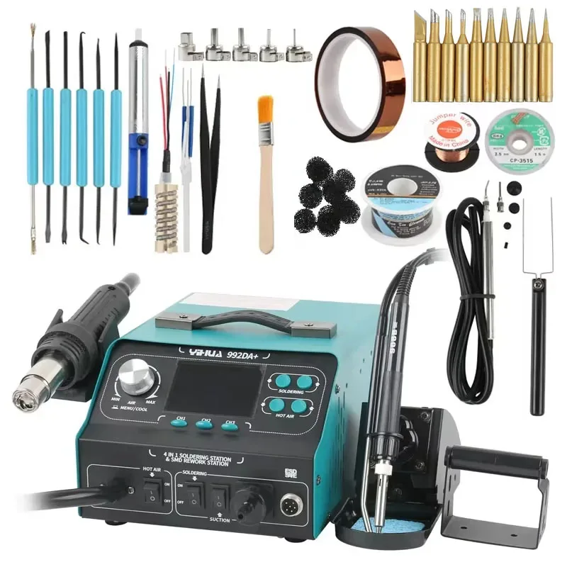 YIHUA 992DA + Estación de soldadura de pistola de aire caliente Digital LCD 4 en 1 + soldador eléctrico para fumar Estación de Reparación BGA + pluma de vacío
