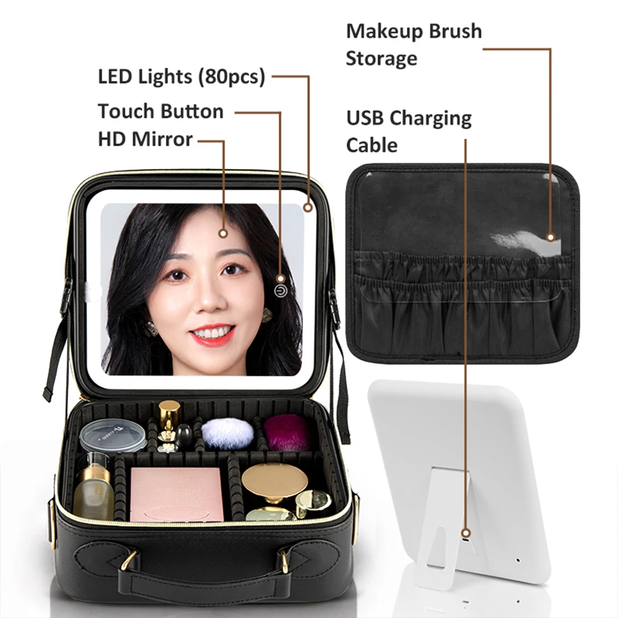 New Small storage mirror with Led Portable Travel Cosmetic Storage Bags PU Waterproof Travel Makeup Bag for Wom outdoor Toiletry