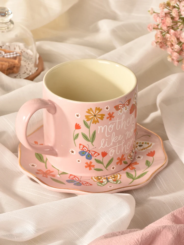 

Cute Pink Butterfly Ceramic Mug Instagram Wind High Temperature Resistant Home Breakfast Juice Cup Plate Set Office Coffee Cups