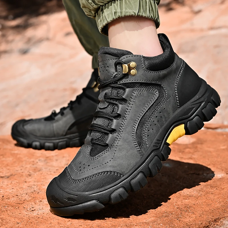 High Quality Genuine Leather Men Hiking Sneakers Large Size 46 Comfy Platform Trekking Shoes Men Non-slip High-top Outdoor Shoes