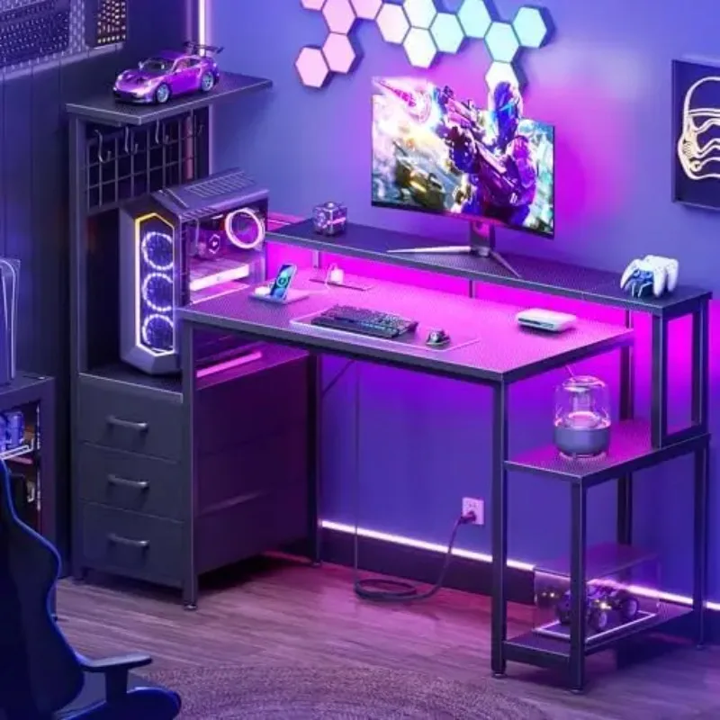 48 Inch Gaming Desk with LED Lights & Power Outlets,Computer Desk with Fabric Drawers & Side Hook,Reversible Gamer