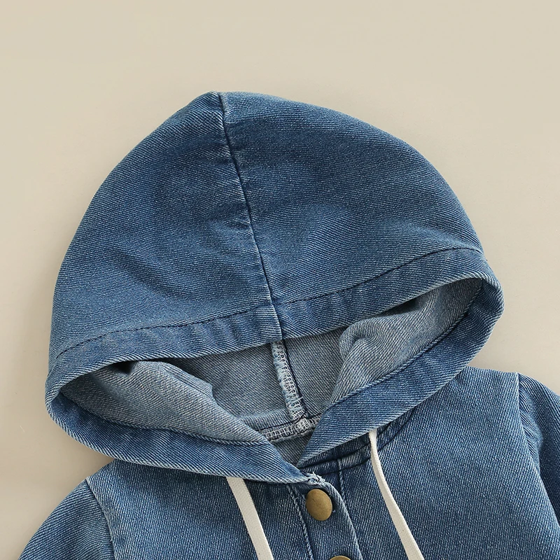 Newborn Baby Denim Bodysuit Infant Boys Girls Fall Hooded Romper Long Sleeve Button Front Solid Color Short Jumpsuit For 0-24M