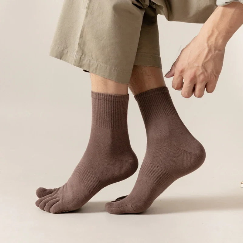 Chaussettes à manches moyennes en pur coton à cinq doigts pour hommes, respirantes et absorbant la transpiration, chaussettes fendues pour documents
