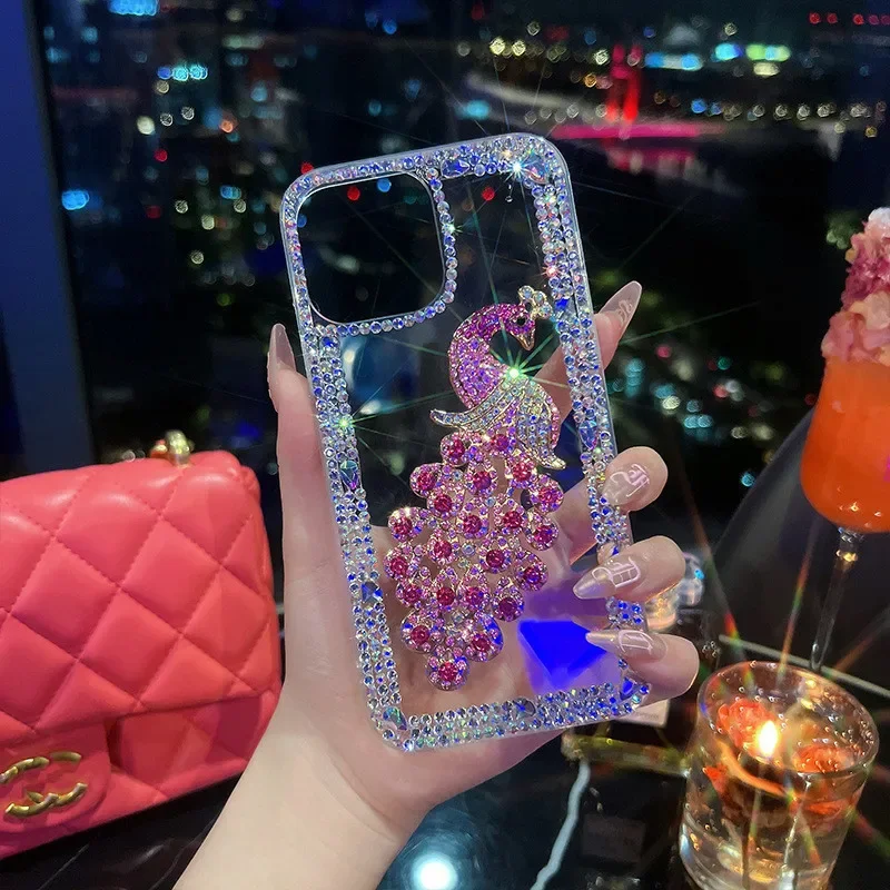 Luxury Bling Glitter Rhinestone Peacock Phone Case, Soft TPU Cover