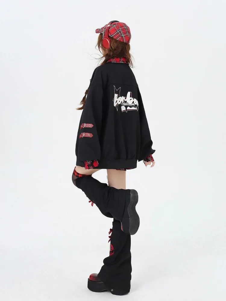 Japão estética bonito xadrez retalhos jaqueta de beisebol topo gótico feminino moletom manga longa y2k casaco oversized design original