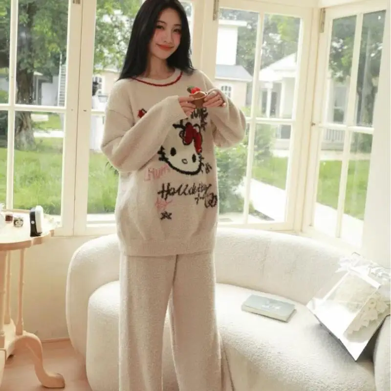 الكرتون صورة طالب Kawaii كيتي القط بيجامة فتاة 2025 الخريف الشتاء جديد أنيمي محبوك المنزل الملبس مجموعة ملابس فضفاضة غير رسمية