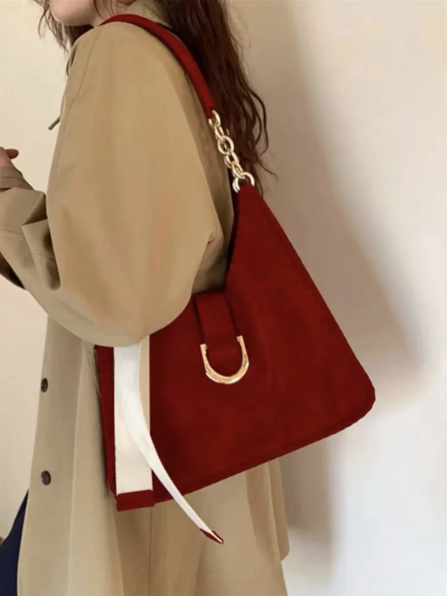 Vintage Red Large Capacity Tote Bag Elegant Women\'s Exquisite Lock Buckle PU Underarm Bags Simple Versatile Ladies Handbag Trend