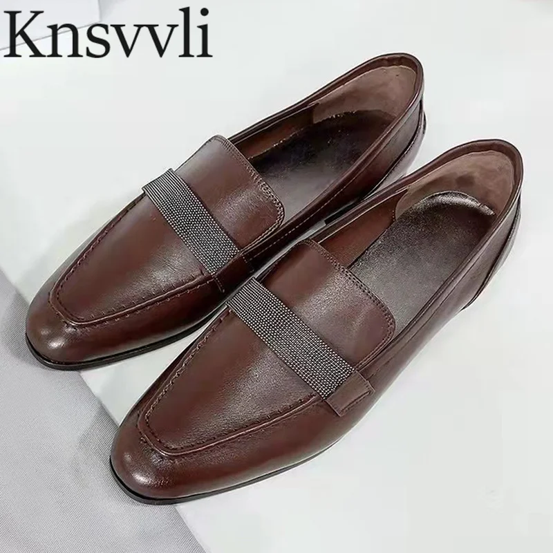 

Luxury Quality Flat Shoes Woman Genuine Leather String Bead Loafers Lady Round Toe Slip-on Comfort Walk Shoes For Women