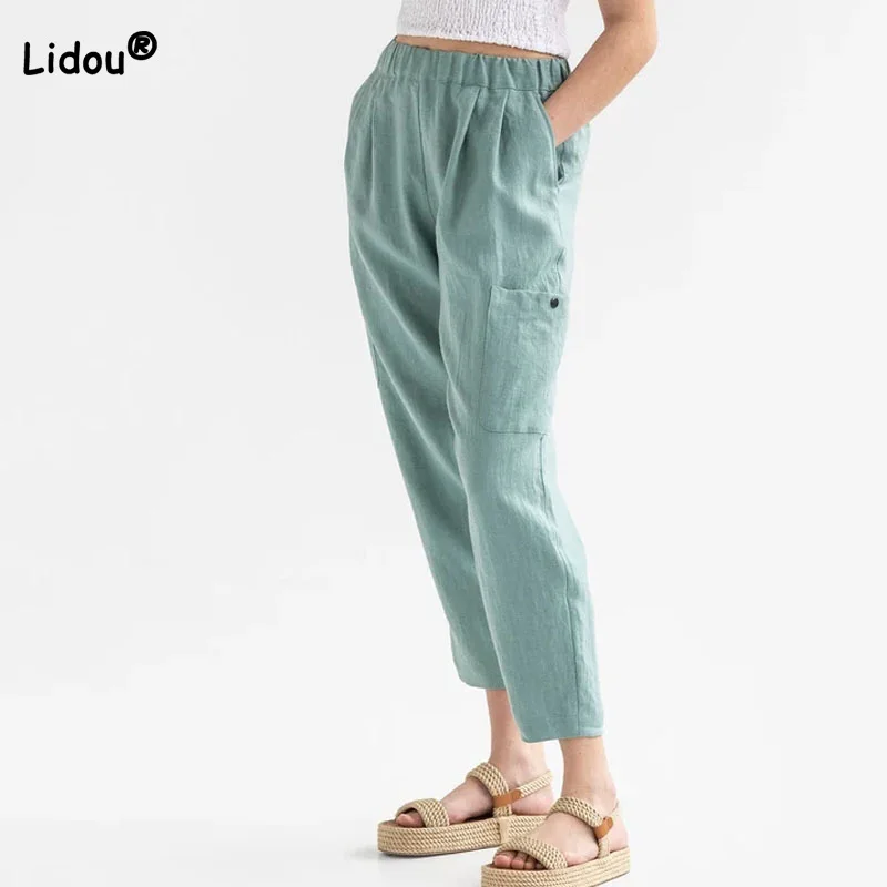 

Fashion Cotton Linen Pockets Solid Color Pants Summer Loose Fitting High Waisted Cotton Linen Womens Casual Wide Leg Trousers