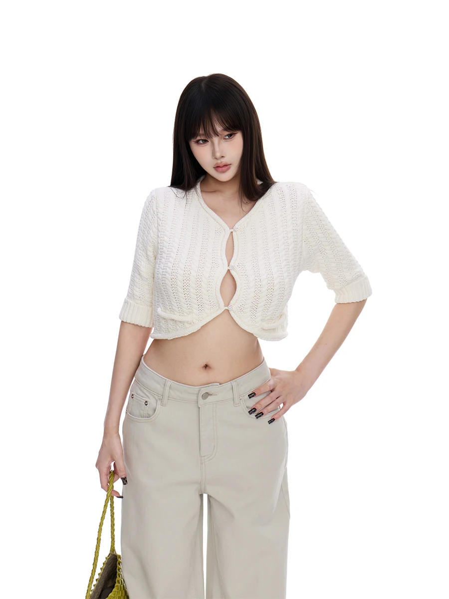 

Sexy ort Knitted Open Cardigan WithMin White Five-Quarter Sve Women's Casual Sle Regular Fit Soft Medium Thin V-Ne