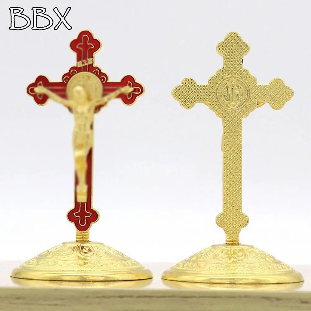 

Funny With Stand Church Cross Ornaments Religious Craft Alloy Cross Ornaments Handmade Plated Gold Statue Desktop