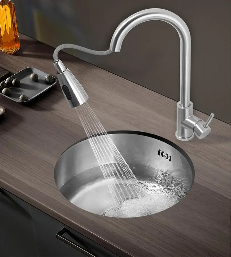 

Kitchen 304 stainless steel brushed round sink single slot small vegetable basin under the counter