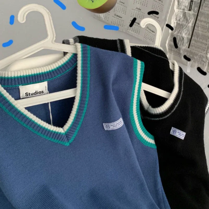 メンズVネックニットセーター,韓国風原宿ベスト,レジャー,パッチワーク,ラージサイズ,3xl