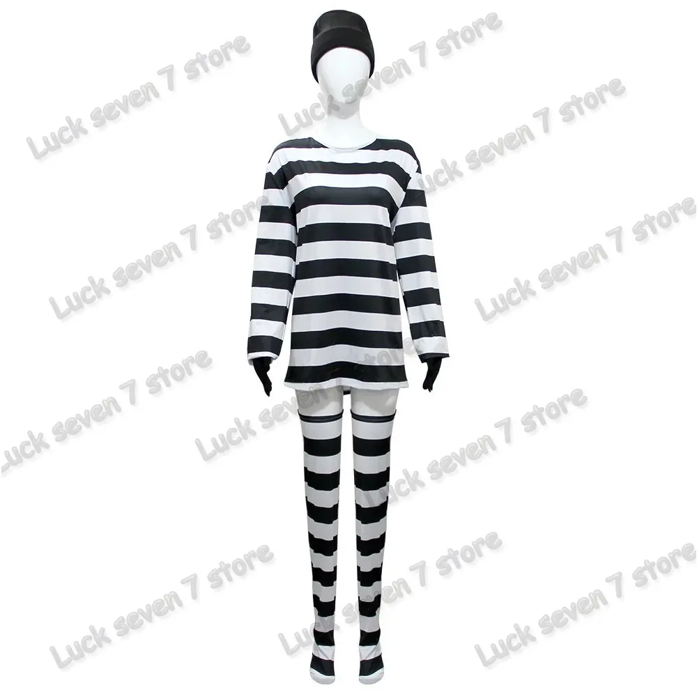 Thief Convict คอสเพลย์เครื่องแต่งกายผู้ใหญ่ผู้หญิง Stripe Top Stocking หมวกชุด Halloween Prisoner Carnival Party เครื่องแต่งกายชุด