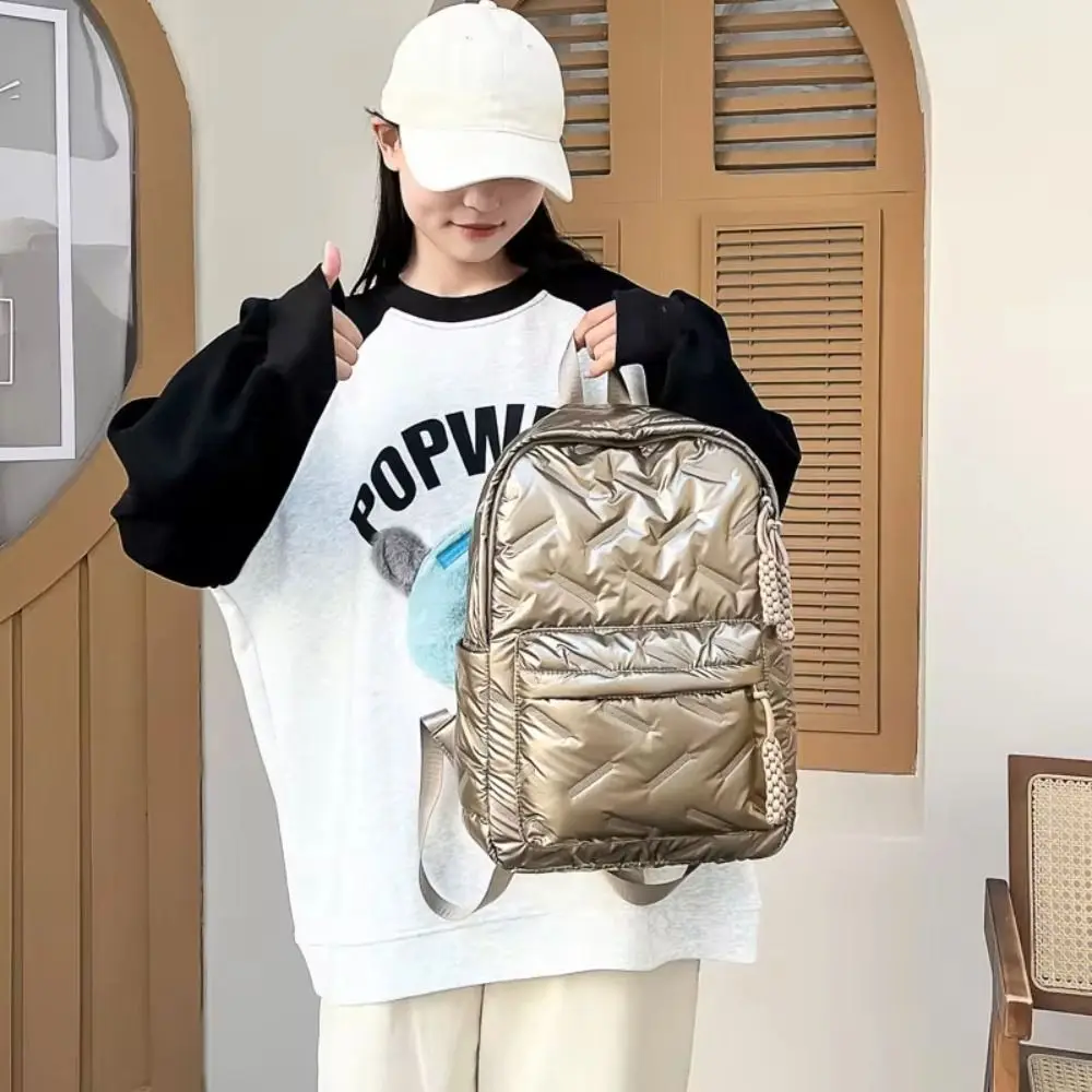 Solid Color Space Cotton Backpack Cloud Nylon Bubble Shoulder Bag Adjustable Shoulder Strap Large Capacity Student Schoolbag