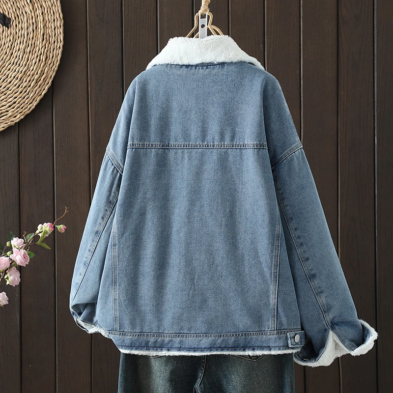 plus Size Slimming Winter Jaet Thiened Fce Collar Cotton Denim Coat Women Good Quali Long Sve Commute Sle