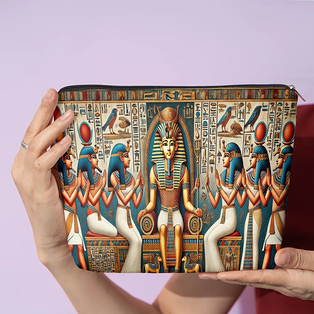 1pc Lightweight Zippered Cosmetic Bag  Ancient Egyptian Pharaoh Goddess Design For Travel Daily Use Multifunctional Storage Bag