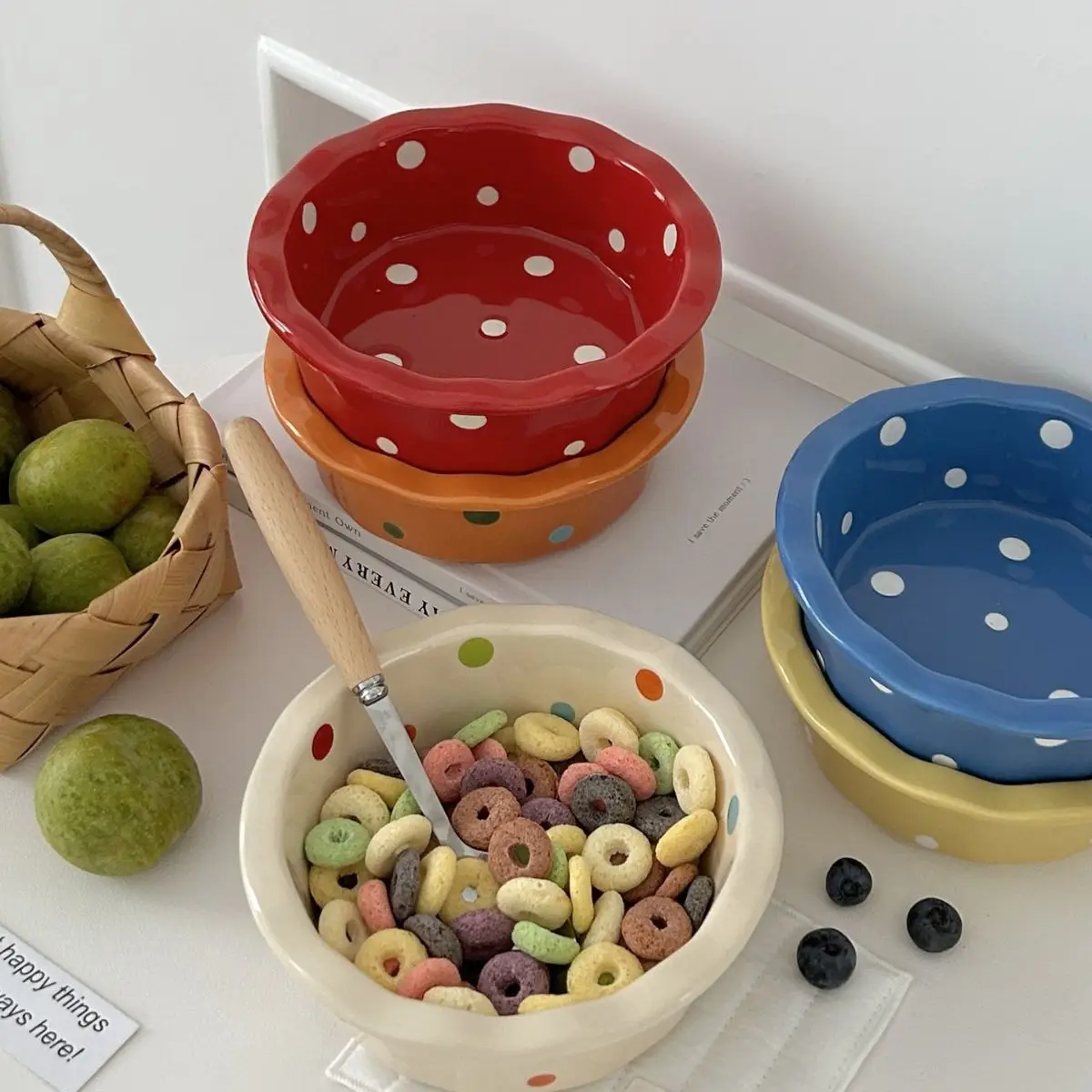 Lace Polka Dot Yogurt Ceramic Bowl Korean Cute Dessert Fruit Household Salad Dish Place Colourful Baking Tableware 6.1 Inch