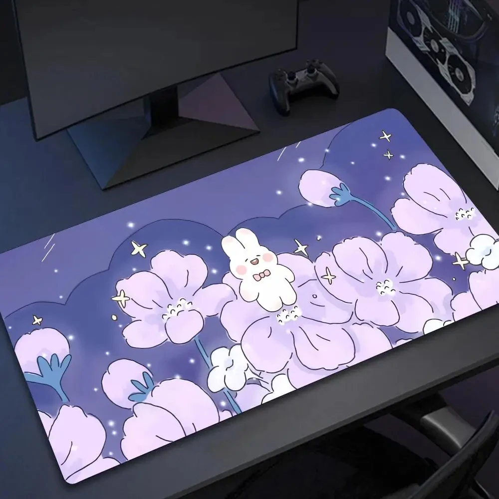 Pink Flower Large Desk Mats Green Plant Flower Deskpads Cute Bunny Mouse Pad Computer Mousepad Kawaii Mause pads 900x400mm Xxl