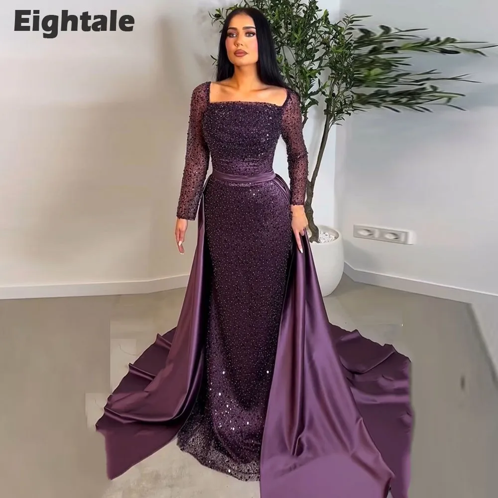 Eightale ชุดราตรีหรูหรา Robes De Soirée Strapless Sequined ที่กําหนดเองแขนยาวสีม่วงชุดราตรีงานแต่งงาน