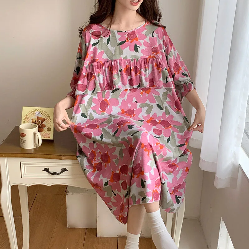 Womens Short Sleeve Sleepshirt Scoop Neck Cute Floral Nightgowns Soft Comfy Lightweight Thin Cotton Sleepdress Ladies Nightdress