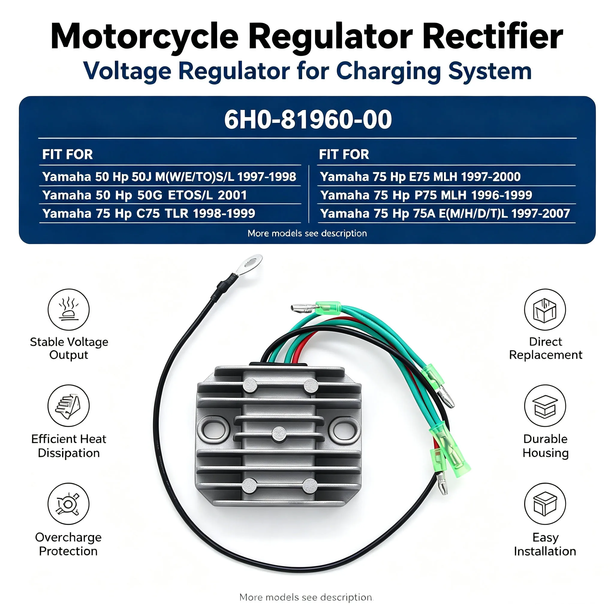 For Yamaha 50 75 80 85 90 115 Hp 50J C80A C90 TLR C115 TLH ETOL C75 MLH 6H0-81960-00 Metal Voltage Regulator Rectifier Motorbike