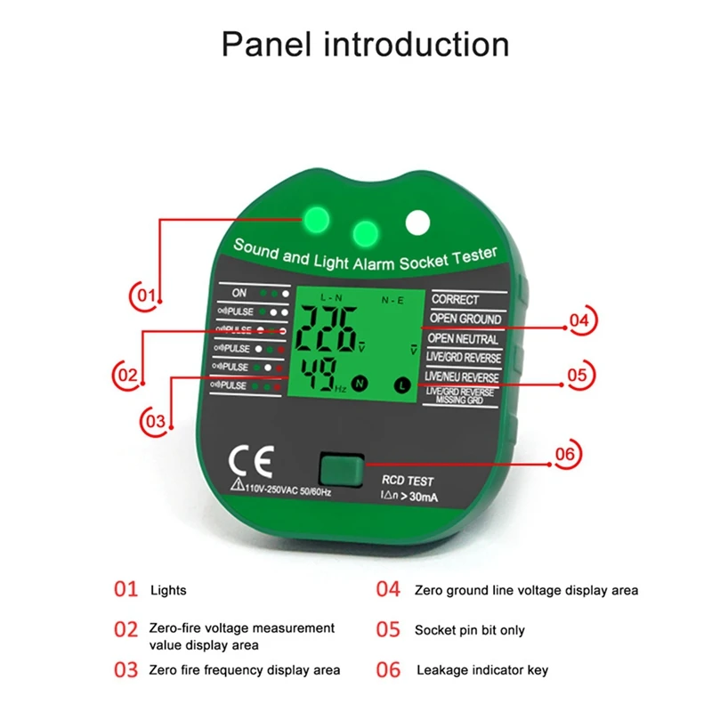 Digital Display Buzzing Socket Tester Voltage RCD Test Smart Detector Zero Line Polarity Phase Check-AT64