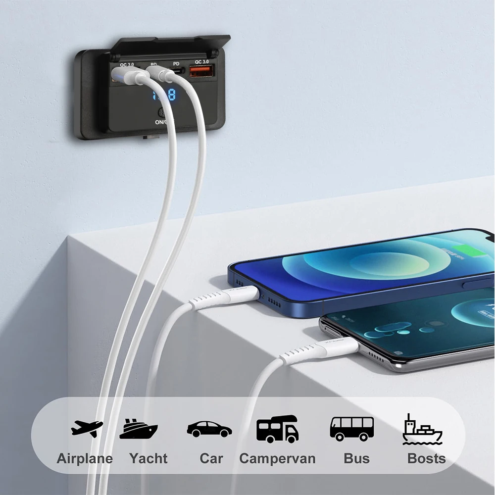 4 منافذ مزدوجة PD مزدوج QC 3.0 USB شاحن سيارة مع التبديل 96 واط مقبس شحن سريع USB الطاقة ل 12 فولت/24 فولت سيارة قارب حافلة RV شاحنة