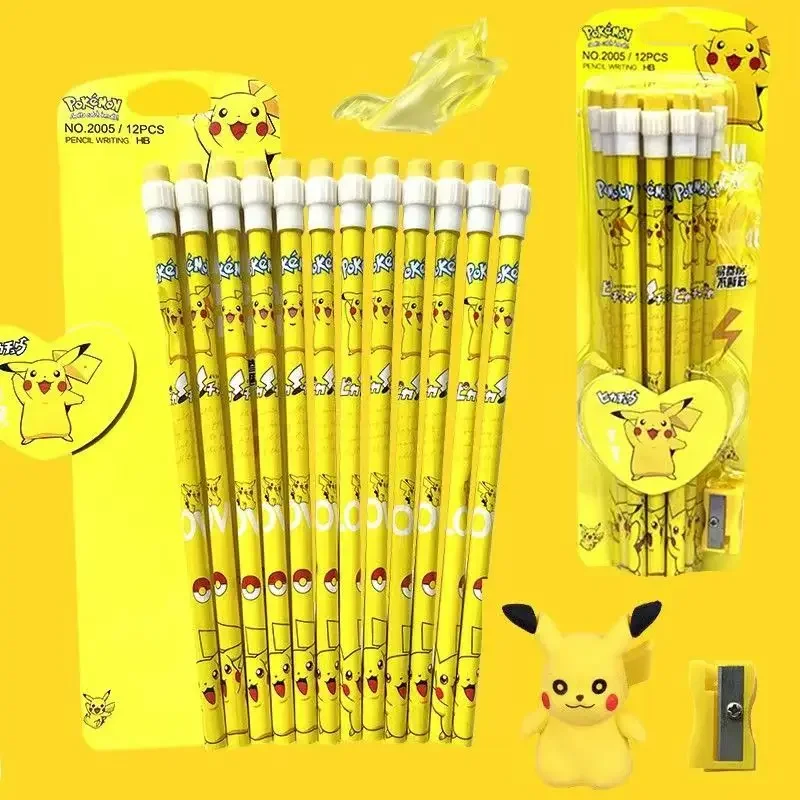 Lápis Pokémon Pikachu HB Cartoon, Caixa de papelaria, Canetas para escrever e esboçar, 1 rolo de lápis, fofo, pacote com 12