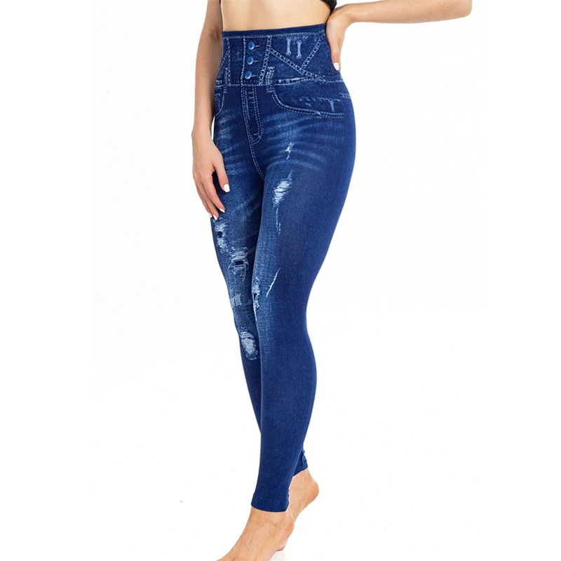 PD474 European and American Casual Fashion Imitation Denim Leggings with High Elasticity Cropped Pants for Women