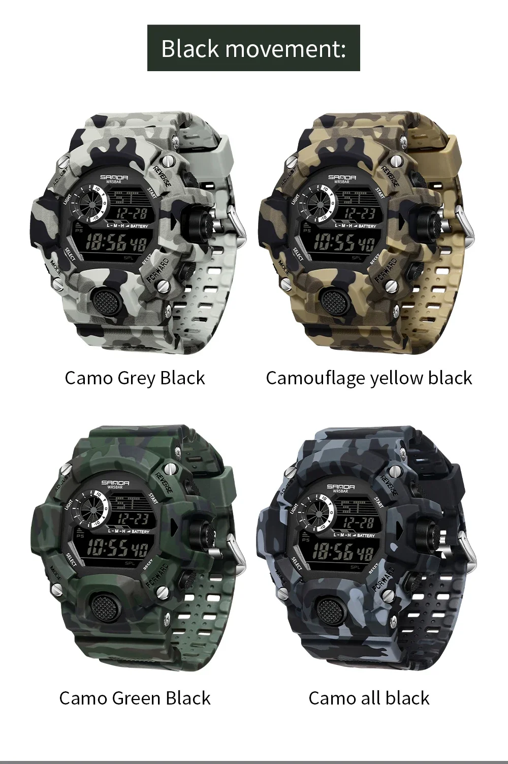 SANDA 2183 electronic watch camouflage military multifunctional waterproof day and night light calendar men\'s electronic watch