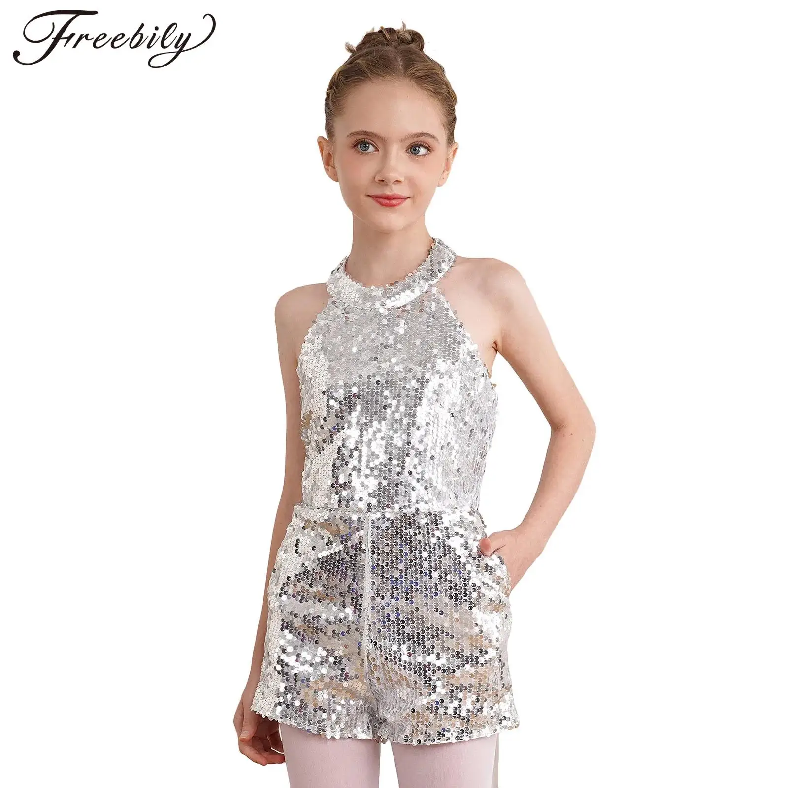 

Kids Girls Shiny Sequins Dance Jumpsuit Gymnastics Ballet Leotard Performance Dance Costumes Jazz Latin Hip Hop Dancewear