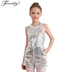 Kids Girls Shiny Sequins Dance Jumpsuit Gymnastics Ballet Leotard Performance Dance Costumes Jazz Latin Hip Hop Dancewear