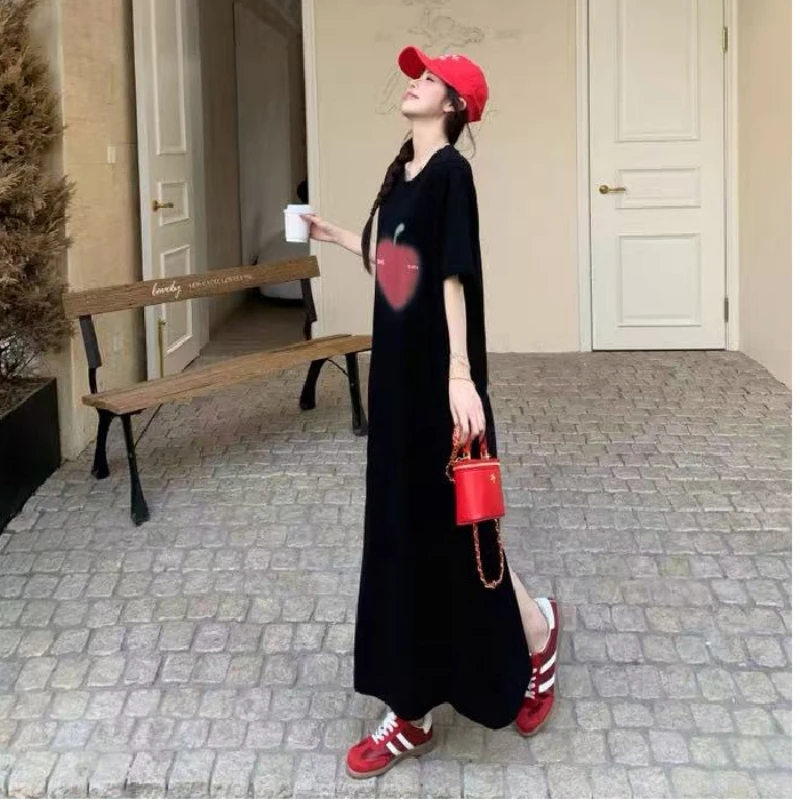 حجم كبير الصيف قصيرة الأكمام تي شيرت فستان المرأة أنيقة خمر فضفاض امرأة سوداء فستان السيدات طباعة فساتين طويلة Vestidos