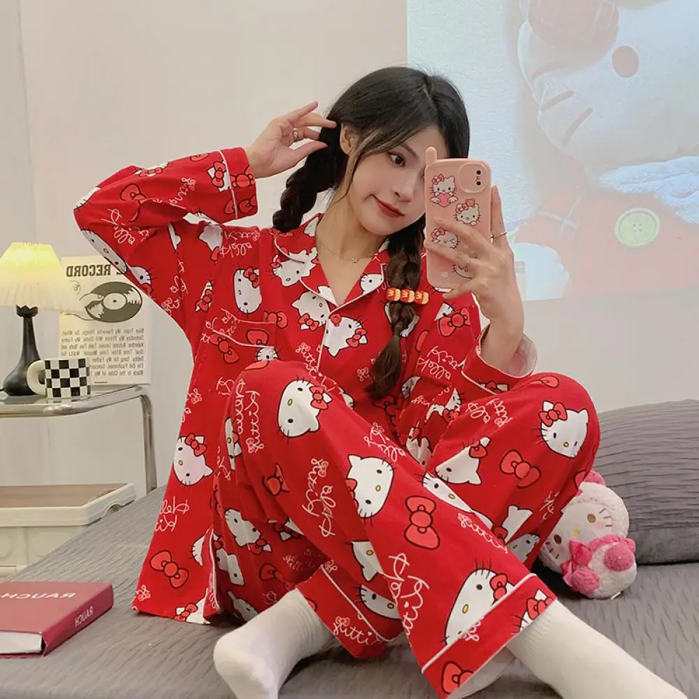 Lindo traje de pijama femenino de 2 uds Hello Kitty dibujos animados Anime Kawaii mujeres primavera otoño Tops pantalones ropa de descanso ropa de casa dulce niñas