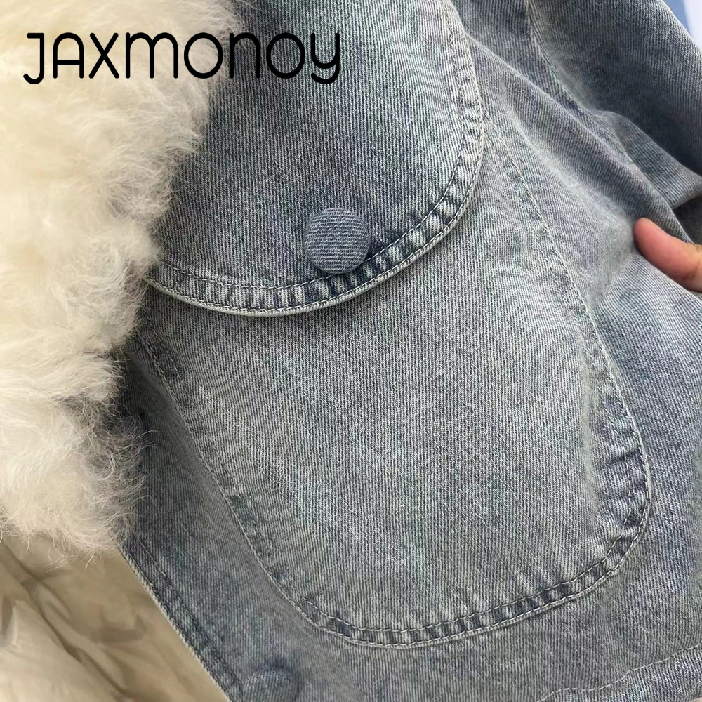 Jaxmonoy jaket panjang wanita kerah rebah bulu domba asli jaket Denim musim dingin mode wanita dengan lapisan bawah keluaran baru