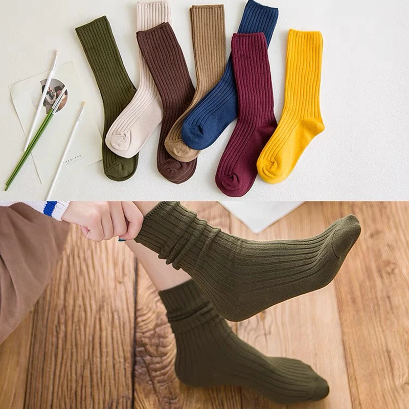 Urgot Classic New Loose Socks Women Needles Cotton Knitting Rib Solid Colors 12 Kinds of 4 Seasons Basic Daily Women Socks