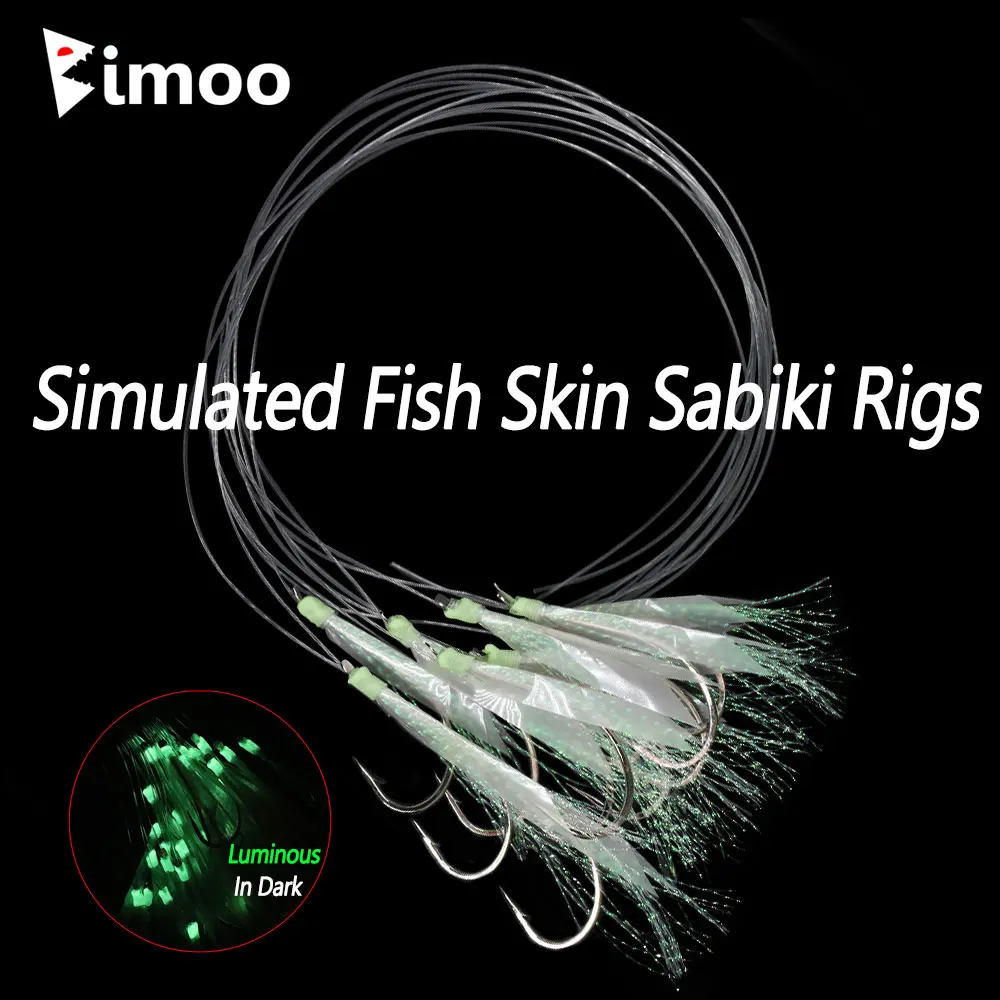 Bimoo-anzuelos de cuerda para pesca en agua salada, señuelo de pesca en alta mar, piel de pez simulada luminosa, Sabiki, 50 unidades