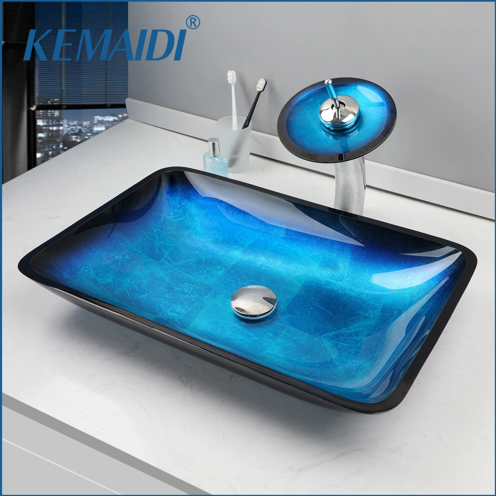 

KEMAIDI Bathroom Vessel Sink Oval Glass Big Square Vessel Sink with Waterfall Faucet Mixer Bathroom Sink Above Counter Artistic