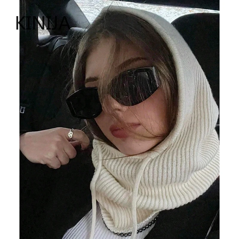Winter Balaclava Hat for Men & Women Knitted Hooded Cap Outdoor Windproof Drawstring Hat One-Piece Neck Beanie Cap Official Webs