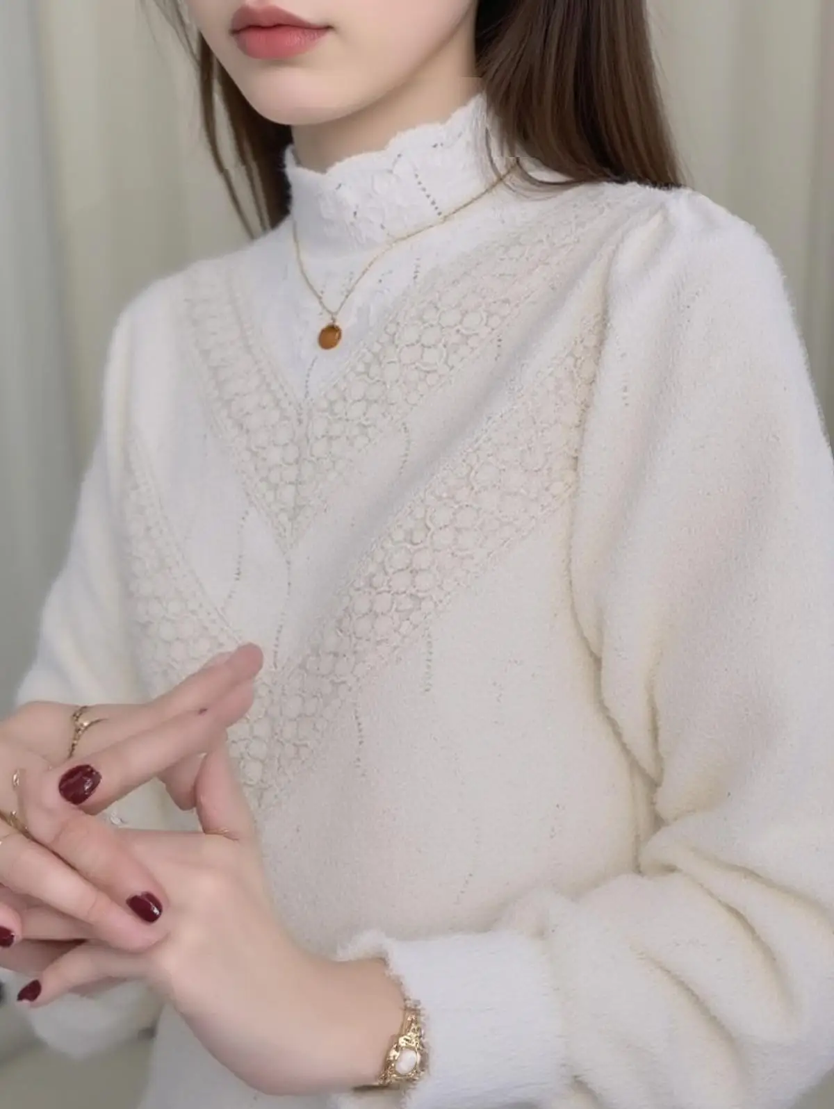 

Blouses Women Intricate Lace Half-high Slim Fit French-inspired Solid Spring Autumn Feminine Graceful Timeless Tops