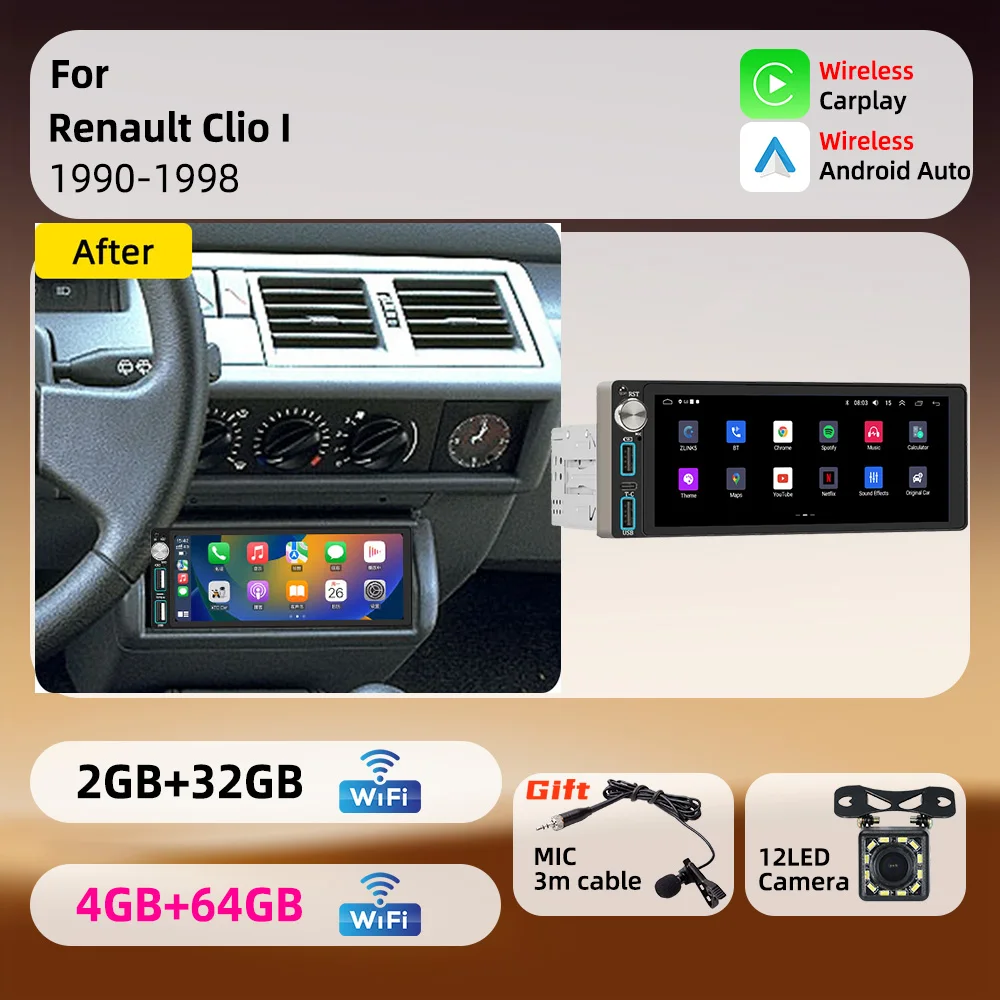 For Renault Clio I 1990-1998 Android 1Din Car Stereo 6.86 inch Screen Carplay GPS Car Multimedia Autoradio Radio Head Unit