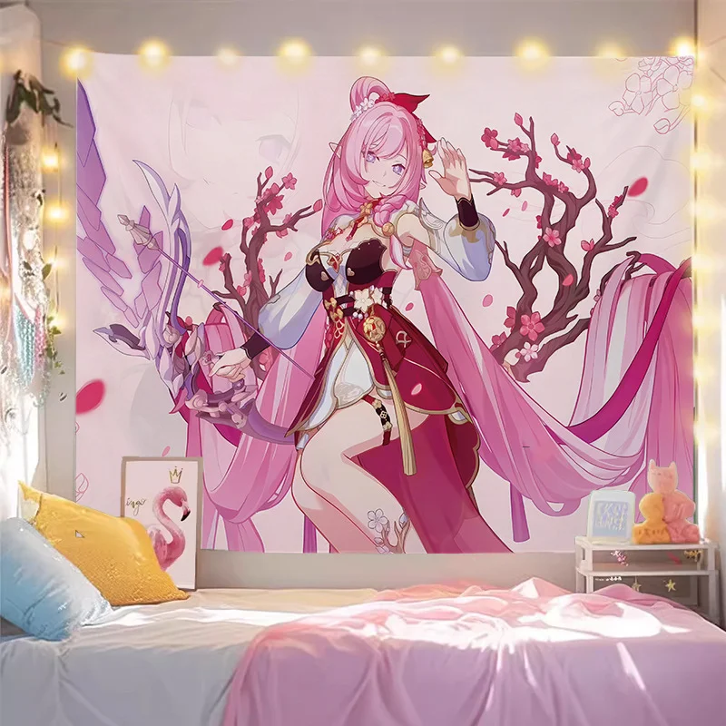 VIKAMA Honkai Impact Elysia Wall Tapestry Pink Crystal Anime Manga Home Decor Cute Kawaii Soft Durable Cozy Aesthetic Gift Retro