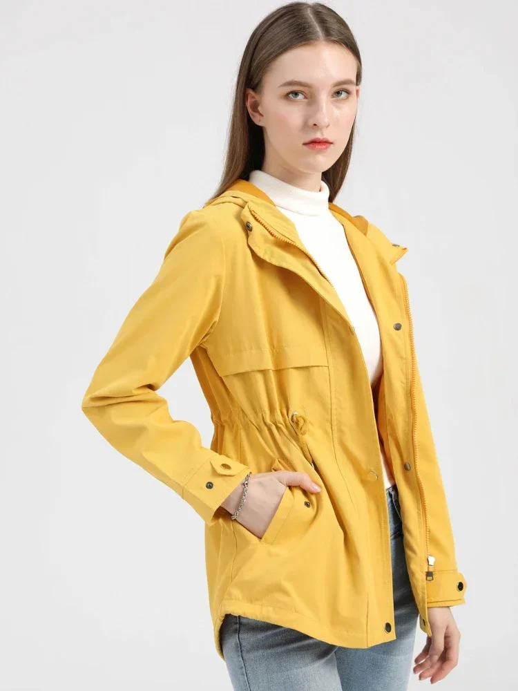 2024 New Windbreaker Medium Long Hooded Coat Solid Long Sleeve Waist Wrapped Outdoor Raincoat Thin Jackets for Women Clothes