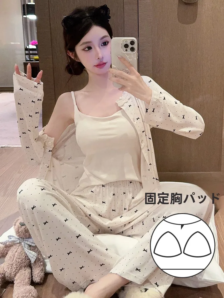 韓国風長袖パジャマ-レディース-セクシーなストラップ付き3点セット-モダール素材-ホームウェア-胸パッド付き-ホームウェアセット