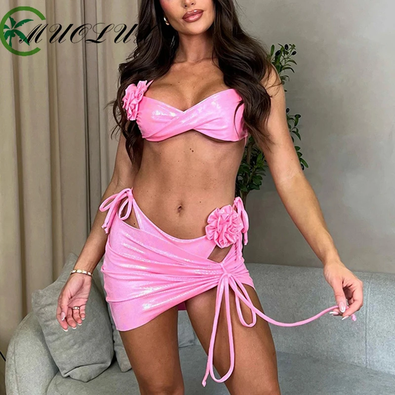 MUOLUX 2024 nuevo Bikini Sexy 3D flor dividido traje de baño de mujer conjunto de tres piezas verano playa vacaciones Bikini traje de baño conjunto femenino