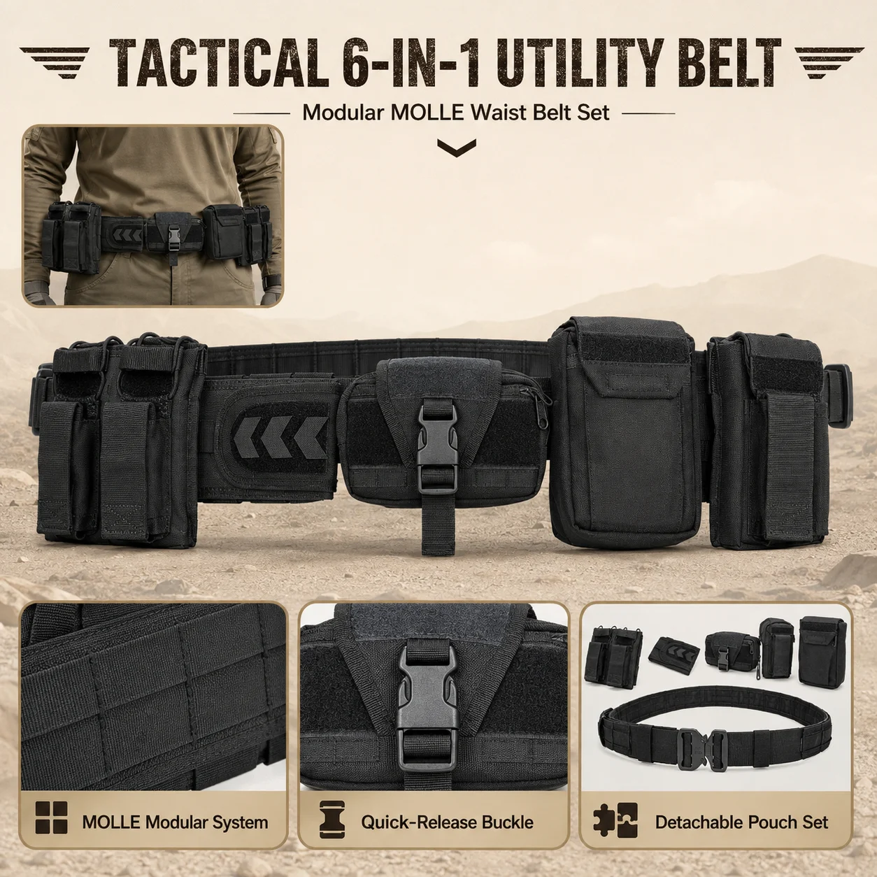 6 Piece Tactical Waist Belt Set MOLLE Adjustable Duty Girdle with Utility Pouches for Camping Hiking Hunting Airsoft Training