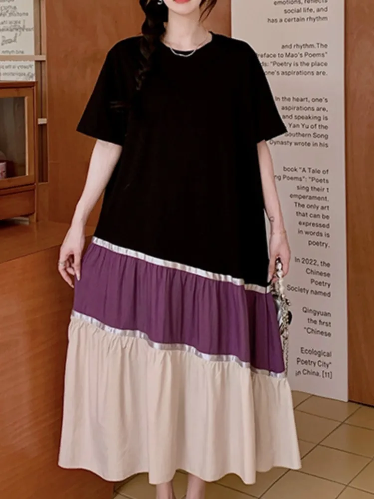 특대 Pletaed 패치 워크 T 셔츠 여성 드레스 여름 Striepd 빈티지 짧은 드레스 여성 한국 숙녀 드레스 Vestidos